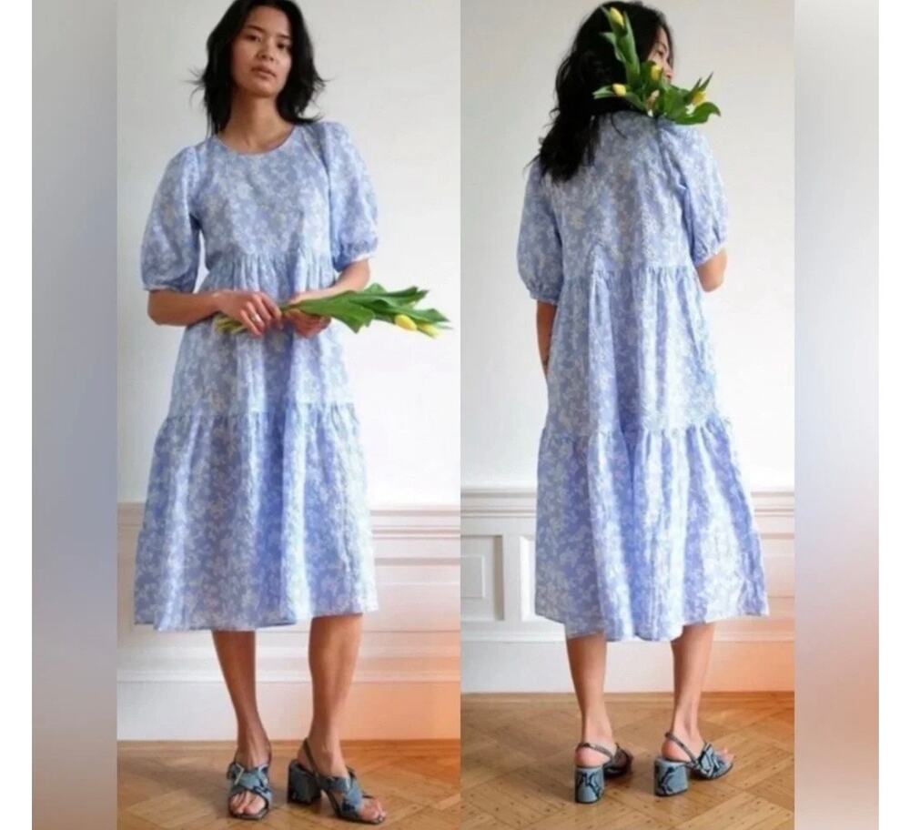 WRAY Rosemary Tiered Midi Dress Tea Cup Floral blue Sz. XXL fairy puff sleeve